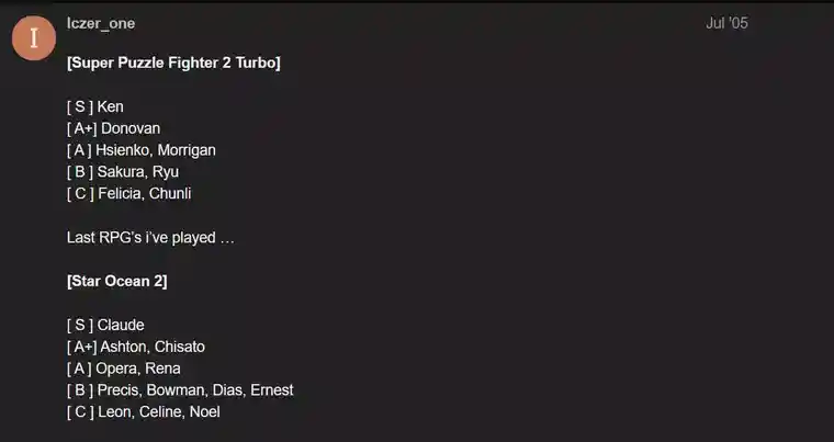 Earliest tier list on forum discussing tiers for non-fighting games by user Iczer_one