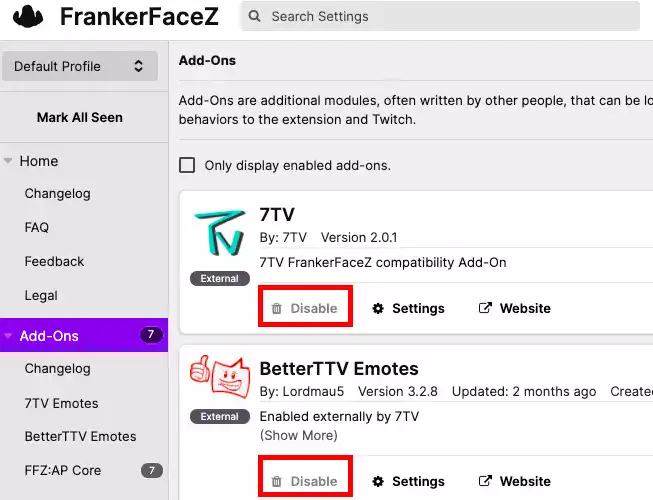 7tv and BTTV addon in FFZ