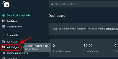 image showing where to find the all widgets section in Streamlabs
