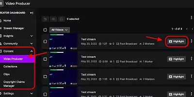 image showing where to find past broadcast and highlight button