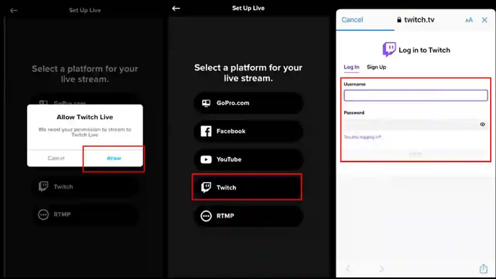 How to stream IRL on Twitch from GoPro steps 6 to 8 screenshots