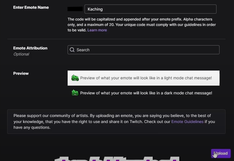 Enter emote name and upload