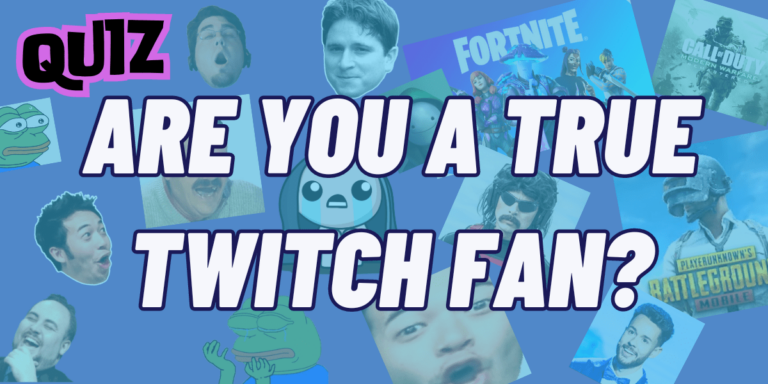 The image features the quiz title "Are You a True Twitch Fan?" with a colorful background filled with iconic Twitch-related elements. The collage includes popular game covers such as Fortnite, PUBG, and Call of Duty, alongside well-known Twitch emotes like PepeHands, Kappa, and PogChamp.