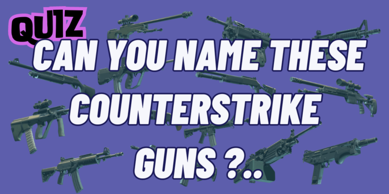 The image features the quiz title "Can You Name These Counter-Strike weapons?" with a background of various rifles, shotguns, and submachine guns from the game Counter-Strike. The design invites players to test their knowledge by identifying different weapons used in the game, making it perfect for fans of CS