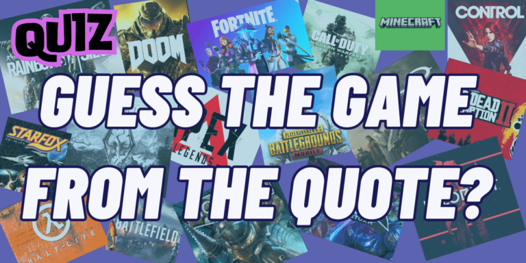 The image features a quiz title "Guess the Game from the Quote?" with a background collage of popular game covers such as Doom, Fortnite, Call of Duty, Minecraft, and more.