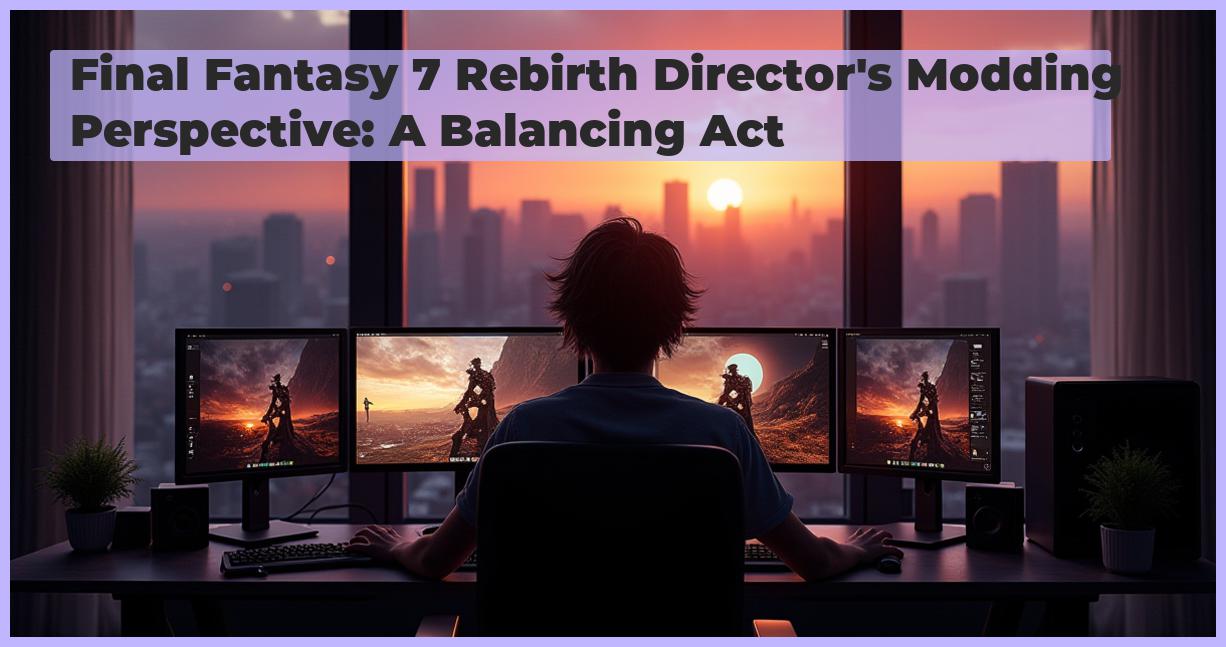 an image of A photorealistic image of a person sitting in front of a computer with a keyboard and mouse, surrounded by screens displaying Final Fantasy 7 Rebirth game footage, with a cityscape at sunset visible through the window, high-resolution, professional photography style, with detailed textures and reflections.