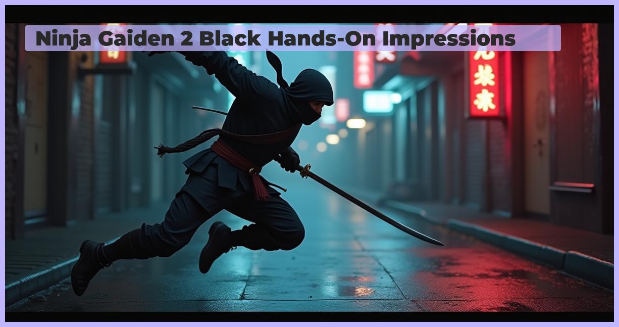 an image of A photorealistic image of a ninja warrior in mid-air, slashing with his sword, set against a blurred background of a dark alleyway with neon lights reflecting off wet pavement, high-resolution details of the ninja's costume and sword, professional photography style, intense combat scene, classic action game vibe, remastered classic game feel.