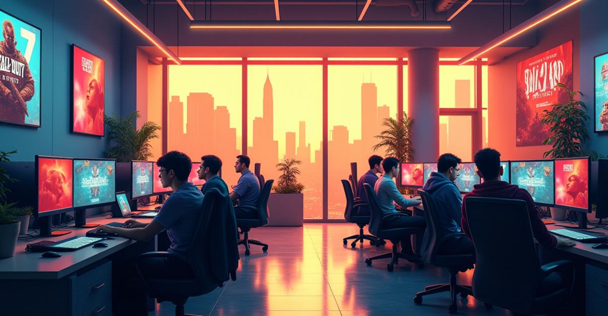 Activision's Triumph phase an image of an image of A bustling open-plan office with developers working on computers, surrounded by Call of Duty and Blizzard game posters on the walls, with a large glass window showing a city skyline in the background, bright and energizing lighting, dynamic composition with focused expressions on the developers' faces, photorealistic style, highlighting the atmosphere of creativity and success.