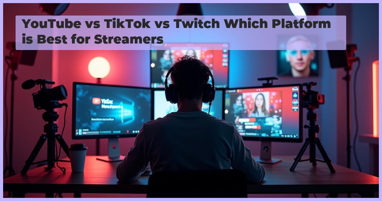 an image of A determined streamer sits in a well-lit, modern broadcasting studio with multiple screens displaying YouTube, TikTok, and Twitch trying to find the Best streaming platform. The room is filled with professional lighting, and the composition focuses on the streamer's focused expression as they navigate through the platforms, surrounded by high-quality cameras and microphones. The image is photorealistic, capturing the intensity and concentration of the streamer as they switch between each platform seamlessly.