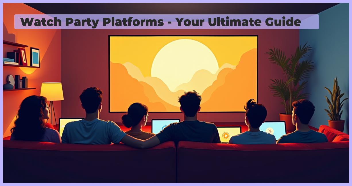 an image of image of a group of friends gathered around a large screen projecting a movie, with laptops and smartphones displaying streaming platforms in the background, set in a modern living room with warm lighting