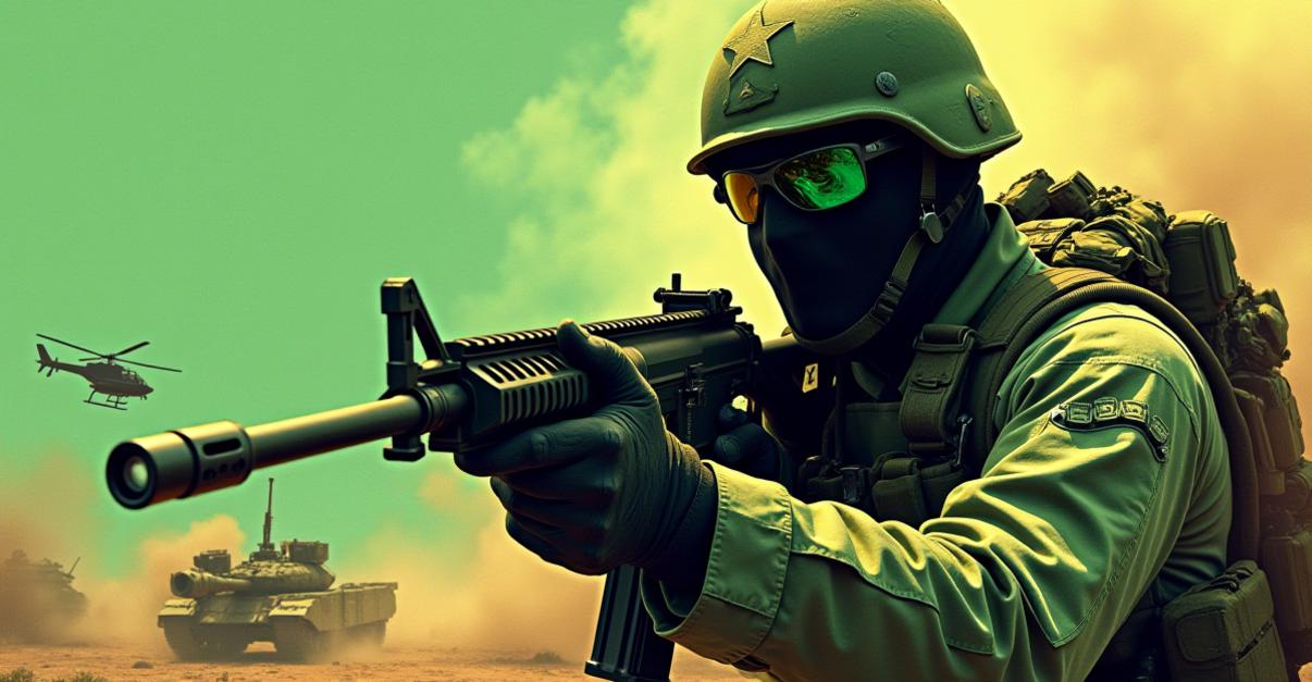 Call of Duty Blizzard an image of an image of a soldier with mask from the game Call of Duty in active battlefield, close up with gun in hand, with green overtones and dusty backgrounds, some helicopters, tanks in the background