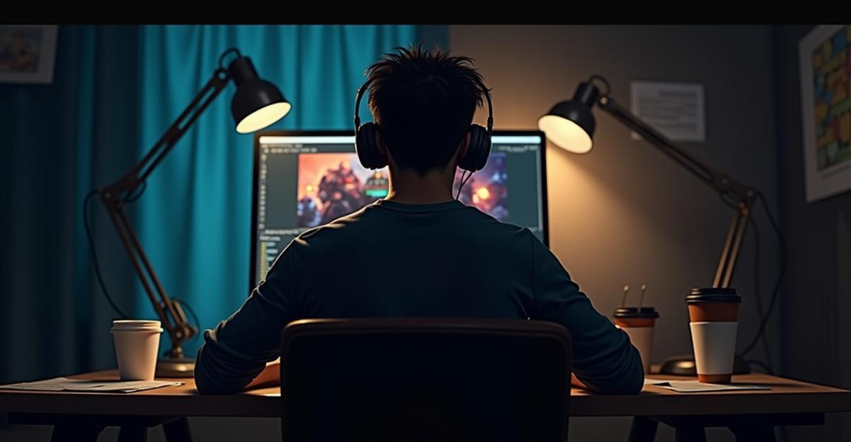 Challenges in Game Development an image of A frustrated game developer sitting in a dimly lit room with a computer showing a paused Smite 2 development screen, scattered papers and empty coffee cups around, harsh desk lamp lighting emphasizing the tension.