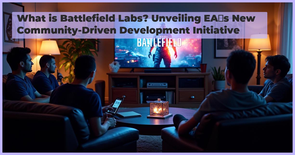 an image of A photorealistic image of a group of gamers sitting in a living room, surrounded by screens and gaming equipment, with a large TV in the center displaying a Battlefield game, high-resolution, professional photography style, with realistic textures, reflections, and shadows. The gamers are actively engaged in a discussion, with some taking notes and others pointing at the screen, indicating a community-driven game development process. The room is well-lit, with a mix of natural and artificial light sources, and the atmosphere is cozy and inviting.