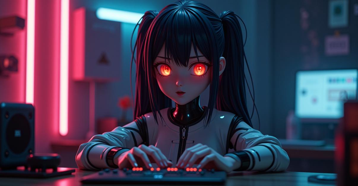 VTuber looking like a Cyberpunk AI robot with a robot girl face. Setting: The scene is a dimly lit, cyberpunk equipments, chips, and electronic items, The VTuber eyes are glowing . Lighting: The room is illuminated by neon tubelights, with the glow highlighting the VTuber. Composition: Close-up shot from the front, focusing on the VTuber's expressive face and hands as she interact with the audience. Details: include intricate details on the cyberpunk equipments, flickering neon tubelight, and subtle shadows to add to the cyberpunk asthetic.