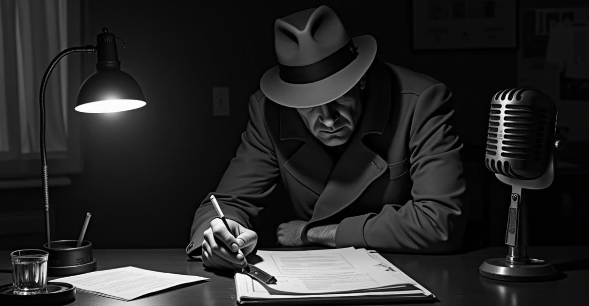 A gritty, black-and-white photorealistic image of a hard-boiled detective, mid-stream, intensely focused; he's lit by a single, strong overhead key light with deep shadows; the detective is in a dimly lit, cluttered office, filled with vintage office equipment, a half-smoked cigarette in an ashtray, and a partially open case file; the composition emphasizes a sense of suspense, with the detective slightly angled towards a vintage microphone, his expression unreadable; details include realistic textures on the detective's trench coat and fedora, visible dust motes in the air from the lighting, and subtle reflections on the polished desk.