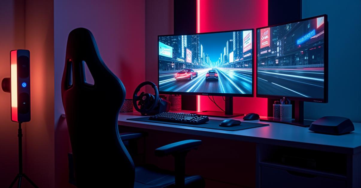 an image of A photorealistic image of a modern gaming setup at night, with a monitor displaying a high-resolution race scene from Tokyo Xtreme Racer. The room is dimly lit with ambient LED lights, and there's a gaming chair, a steering wheel controller, and a Steam Deck on the desk. The game's visuals on the monitor show a detailed cityscape at night, with cars racing under neon lights. The image includes sharp details like cable management, realistic screen glow, and a clean, organized workspace. The composition focuses on the gaming setup as the main subject, highlighting the immersive gaming experience.