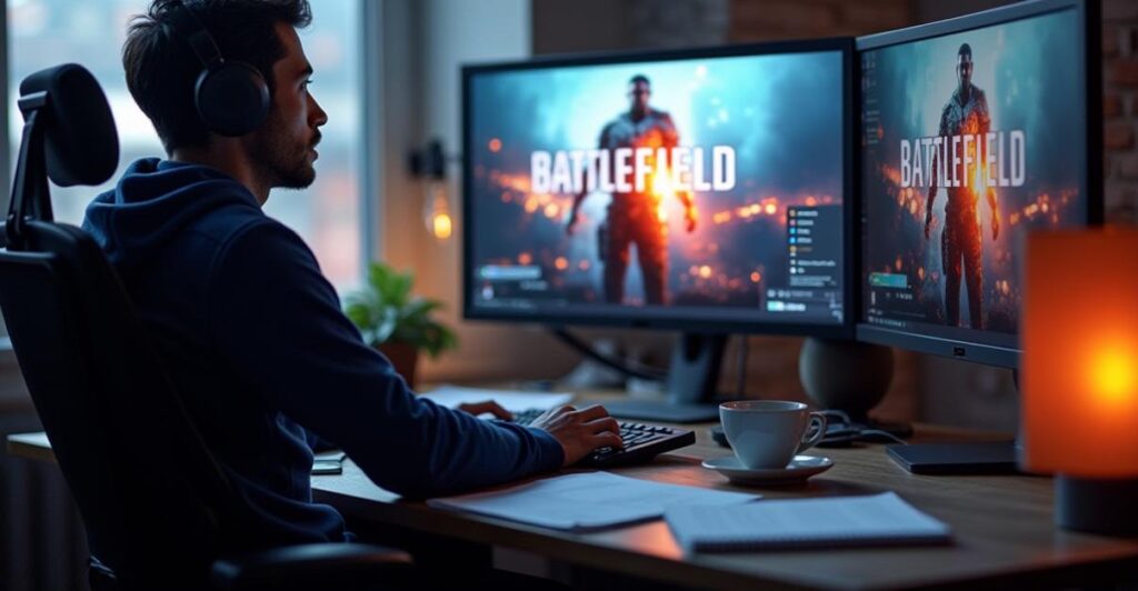 an image of A high-quality image of a game developer's workstation, with a computer screen displaying a Battlefield game in development, surrounded by papers, notebooks, and coffee cups, in a photorealistic style, with detailed textures and realistic lighting. The developer is sitting in a comfortable chair, with a thoughtful expression, indicating a focus on early game testing and player feedback. The background is blurred, with a hint of a cityscape outside the window, adding a sense of context and environment.