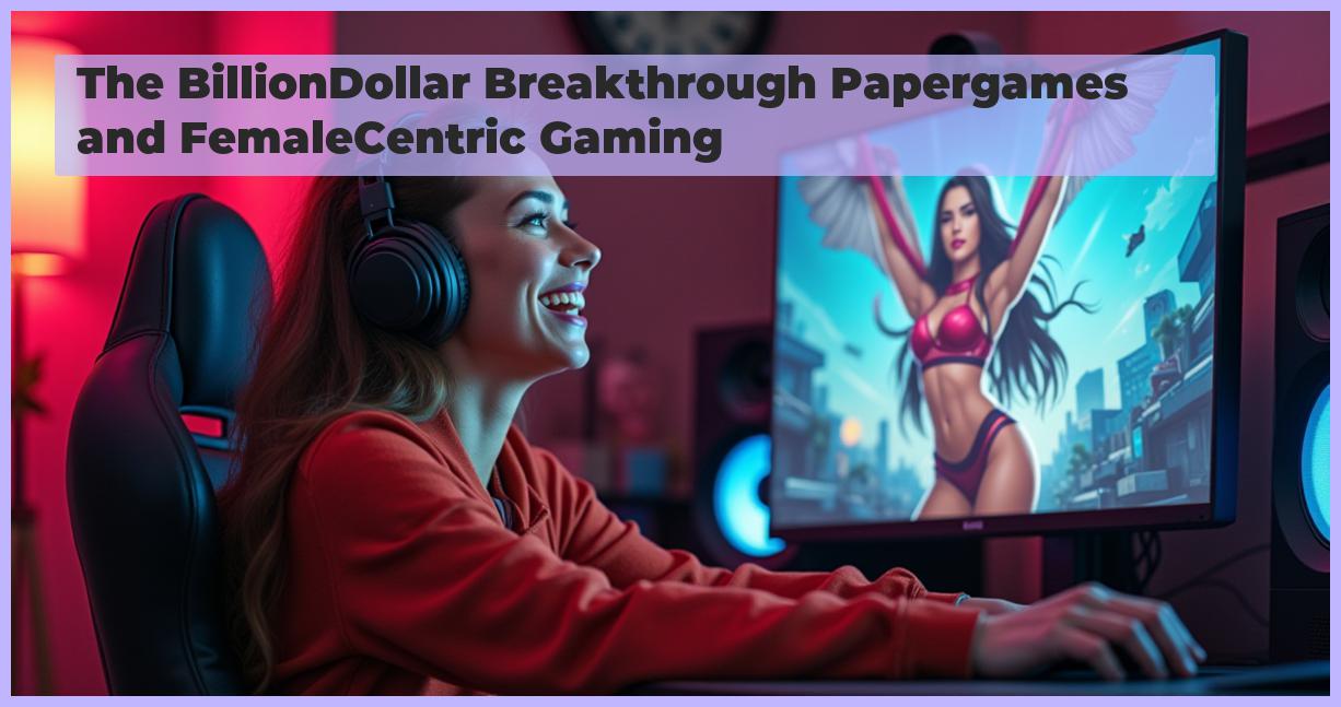 an image of A confident young woman in a modern gaming setup, celebrating a victory in a high-quality game with vibrant, photorealistic graphics, soft lighting accentuating her enthusiastic expression, surrounded by the latest gaming gear and a large monitor displaying an engaging game interface with intricate character designs. The scene captures the essence of Female-Centric Games success with warm tones and professional composition.