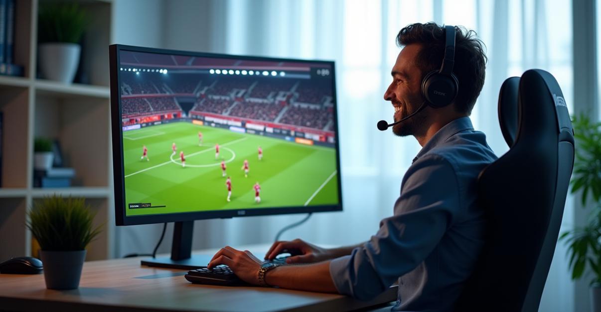 an image of A photorealistic image of a football manager sitting in a bright, modern office with a high-end gaming PC running Football Manager 25 on a large, 4K monitor. The screen displays crystal-clear visuals of a match, with detailed player animations and vibrant stadium graphics. The manager is wearing a headset, smiling as they engage with the intuitive new UI, surrounded by sleek design elements and soft, natural lighting that conveys a sense of satisfaction and joy in the improved gaming experience.
