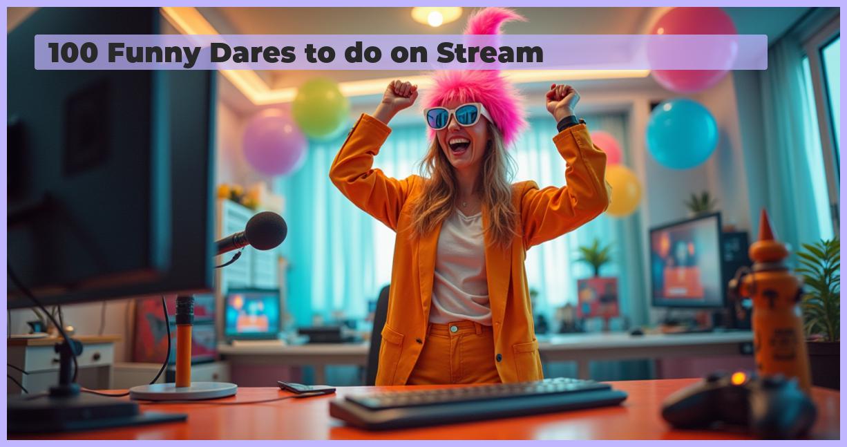 an image of a lively streamer dressed in colorful, quirky props and a big smile, for Funny Dares To Do on Stream