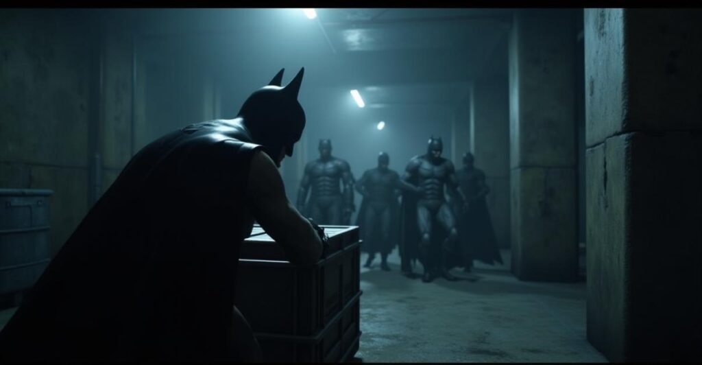 an image of An immersive VR screenshot of Batman: Arkham Shadow, showcasing the game's stealth mechanics, with Batman crouched behind a crate, looking out at a group of enemies, set in a dark and gritty environments with realistic shadows and reflections, using a wide-angle lens to create a sense of presence, and a color palette that emphasizes blues and greys to convey a sense of darkness and foreboding.