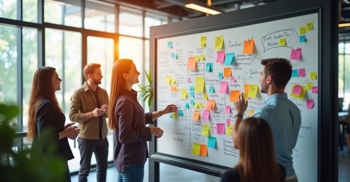 an image of A vibrant, modern office space with a team of developers collaborating around a large whiteboard filled with new game concepts, colorful sticky notes, and innovative ideas, with a bright, natural light pouring in through large windows, emphasizing creativity and positivity.