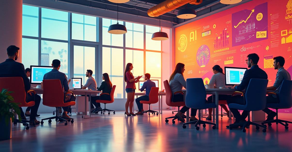 an image of A vibrant photorealistic image of a diverse team collaborating in an open-concept office space, working on AI and data analytics projects. The setting is a well-lit, modern workspace with large windows, stylish furniture, and state-of-the-art technology. The composition captures the team's energy and focus, with details like dynamic screen visuals, scattered whiteboard notes, and casual interactions among team members.