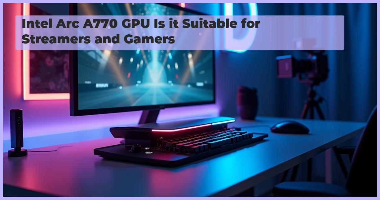 an image of A professional photographer's studio setup with the Intel Arc A770 GPU placed in the center of a sleek, modern desk. The GPU is illuminated by soft, diffused LED lighting, showcasing its sleek design and RGB accents. In the background, a large monitor displays a 1440p gaming scene with dynamic ray tracing effects visible through the glass. On the side, a content creator's camera and streaming equipment are neatly arranged, with subtle reflections on the desk surface. The composition emphasizes the GPU's performance and versatility for both gaming and streaming, with a clean, minimalist aesthetic and high-resolution details.