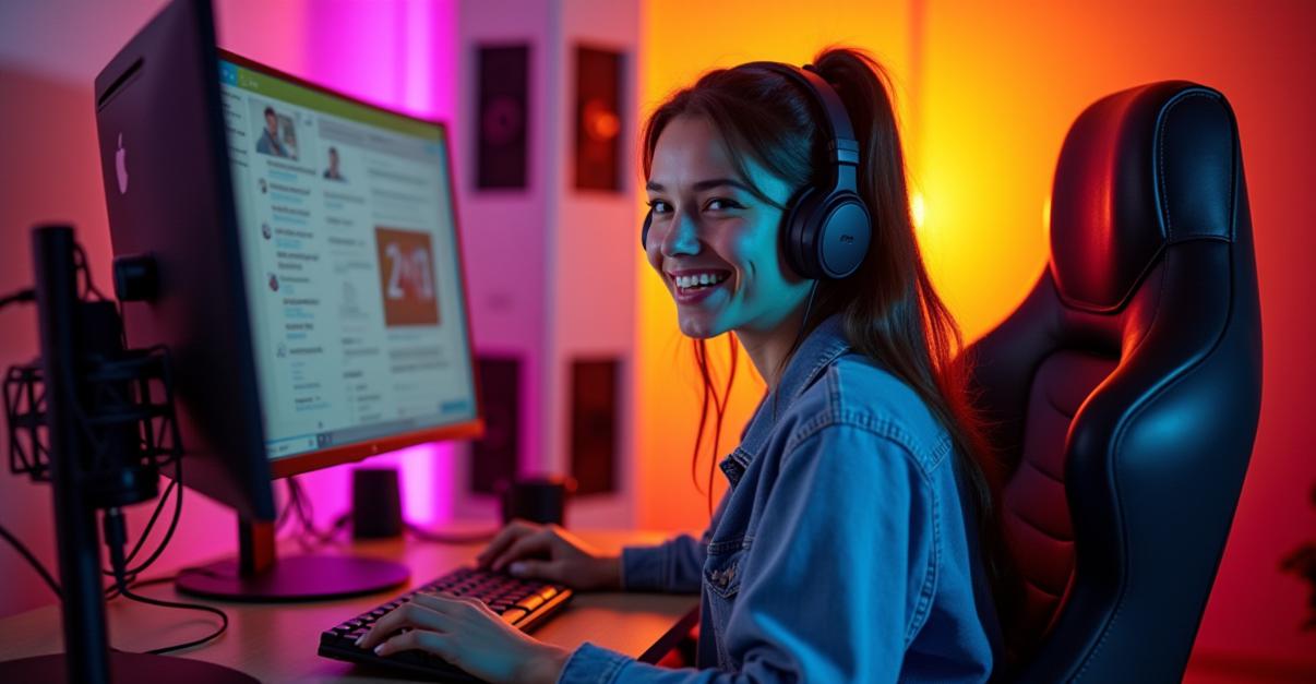 an image of image of of a female streamer dressed in casual clothes, wearing streamer headphones, sitting in a bright, engaged in conversation with an online chat, well-lit studio. The lighting is soft and even, highlighting the vibrant colors of the background and the streamer's engaging pose and smile. The camera captures the scene with a shallow depth of field, focusing on the streamer while the background is slightly blurred. Details include a computer monitor showing live chat, a microphone on a stand, and various gaming peripherals arranged neatly. The overall composition emphasizes the streamer's personality and the dynamic, engaging atmosphere of the stream.