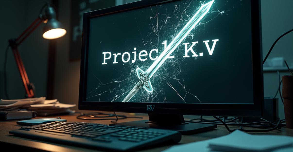 broken computer screen displaying a 3D model of a futuristic sword with the text 'Project KV' clearly visible. 