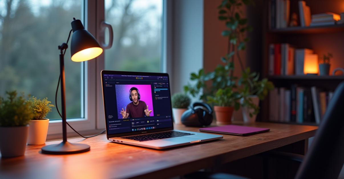 A modern home office setup featuring a MacBook. The desk is made of dark walnut, with a sleek, minimalist desk lamp casting a warm, diffused glow. The MacBook is open, displaying the Twitch streaming interface with a live stream of a gamer on the screen. The lighting is a balance of the soft desk lamp and natural daylight gently filtering through a large window, creating soft shadows and a comfortable, inviting atmosphere. In the background, a bookshelf filled with tech books and gaming accessories are slightly out of focus. The overall composition is clean and professional, with a shallow depth of field to keep the focus on the MacBook and streaming setup, high resolution, photorealistic.