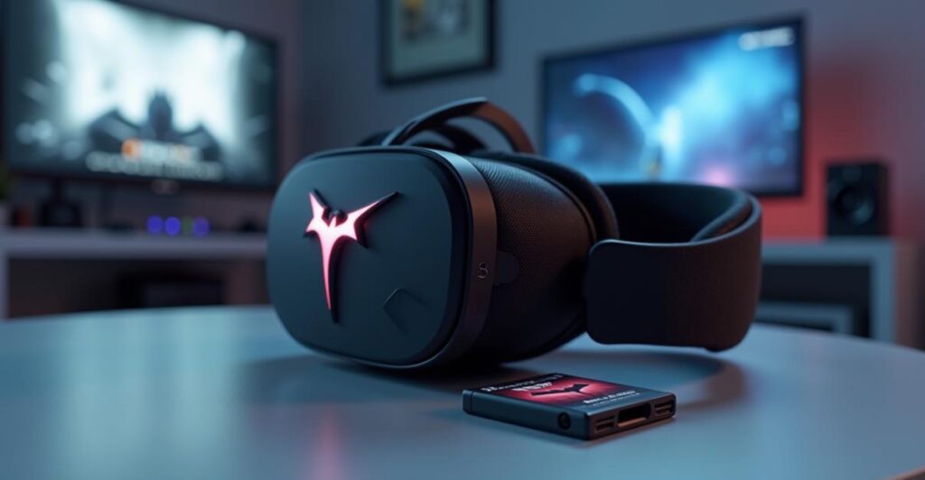an image of A close-up photorealistic image of the Meta Quest 3 headset, with a Batman: Arkham Shadow game cartridge inserted, placed on a sleek, modern table, with a blurred background of a gaming setup, using a macro lens to highlight the textures and details of the headset, and a bright, even lighting to convey a sense of innovation and technology.