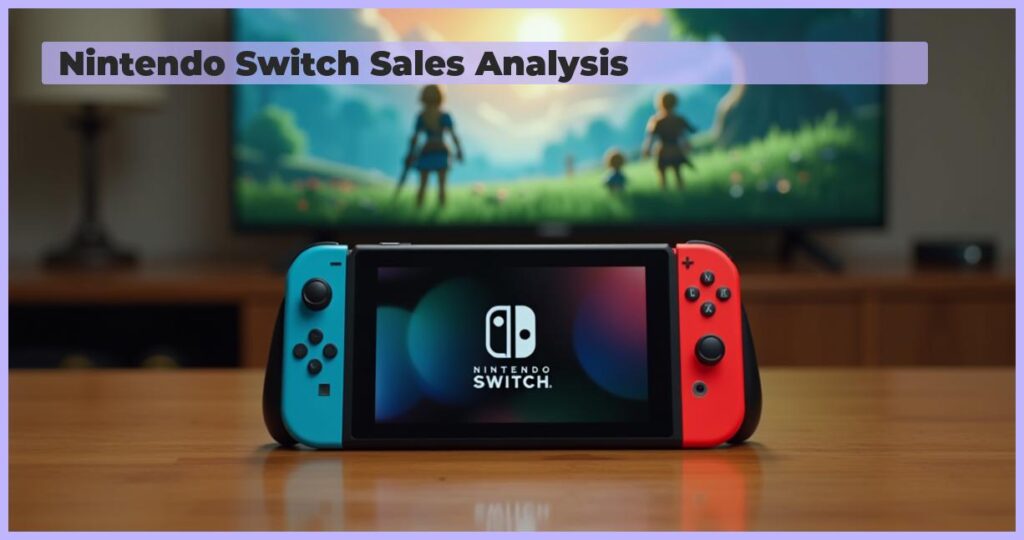 an image of A photorealistic image of a Nintendo Switch console on a wooden desk, with a TV in the background displaying a screenshot of The Legend of Zelda: Breath of the Wild, high-resolution, professional photography style, with detailed textures and realistic lighting.