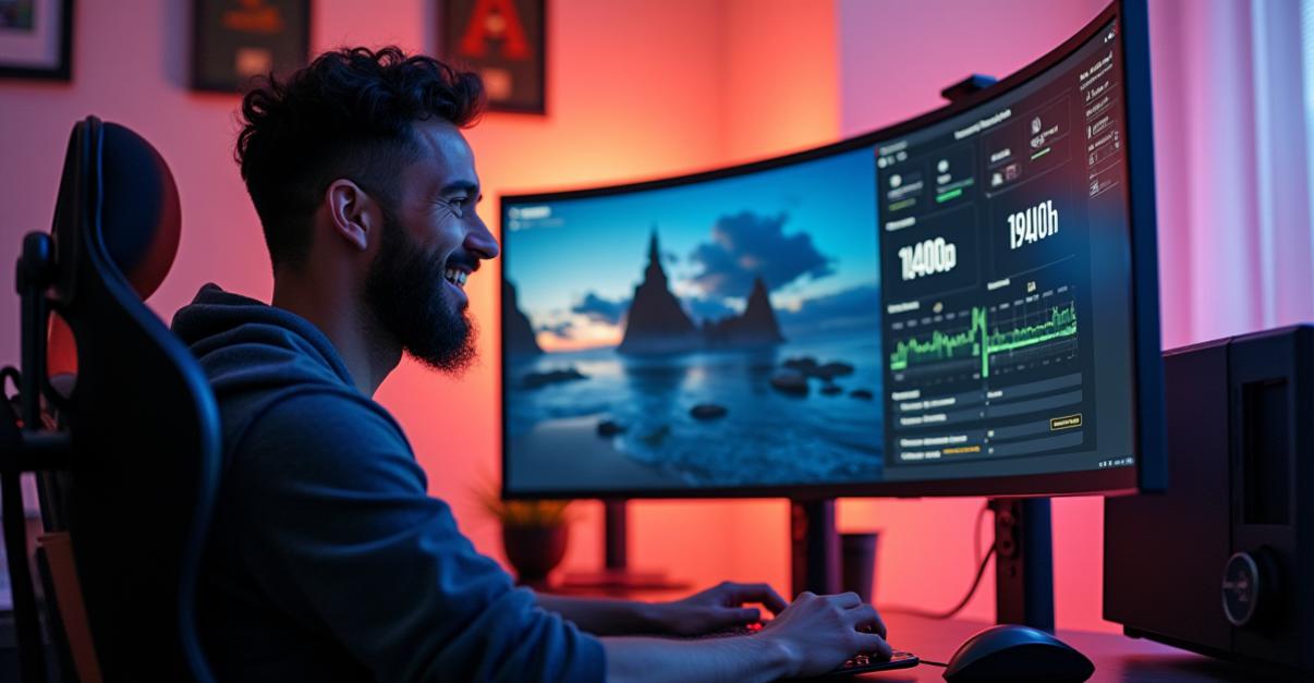 an image of A satisfied streamer in a bright, well-organized home studio, with the Intel Arc A770 GPU installed in a high-performance gaming PC. The monitor displays a crisp 1440p stream with AV1 encoding metrics, showing high frame rates and low latency. The streamer is smiling, adjusting settings on the computer with a professional-grade microphone nearby. The lighting is natural and well-balanced, with soft reflections on the desk and monitor. The composition emphasizes the GPU's hardware encoding capabilities and the ease of streaming at high resolutions, with a clean and professional setup.