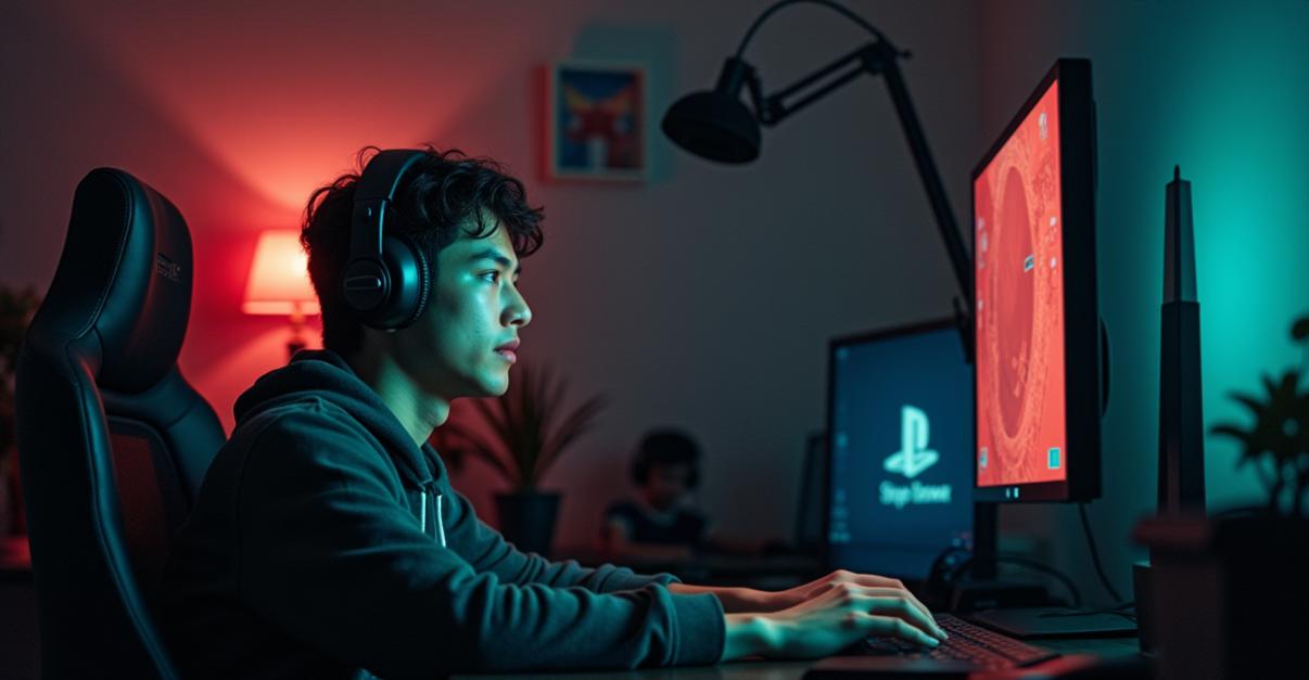 an image of A tense moment in a dimly lit gaming setup where a player looks uncomfortable, clearly showing the conflict of privacy concerns in public multiplayer streaming. The atmosphere is strained, with muted colors highlighting the unease of unauthorized broadcasting.