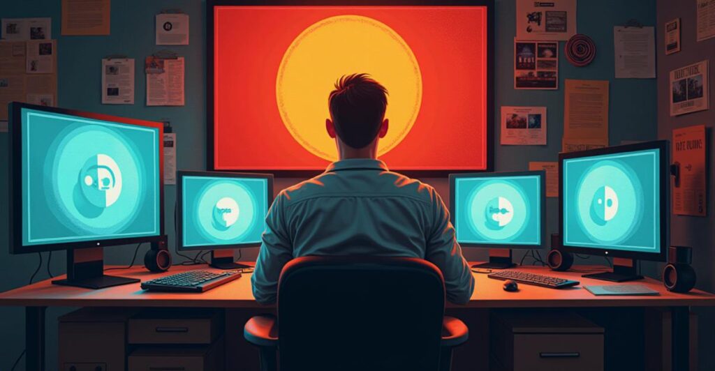 an image of an image of A frustrated individual sitting at a desk with multiple devices showing different streaming platforms, looking confused and overwhelmed, in a cluttered room with harsh lighting, capturing the struggle of choosing the right watch party platform, photorealistic and detailed.