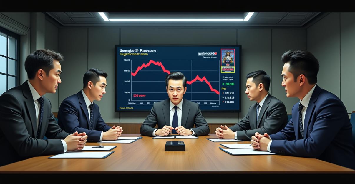 an image of A tense boardroom scene with shareholders around a large wooden table, displaying frustrated expressions, looking at a declining stock chart on a digital screen labeled 'GungHo Revenue,' with a gacha machine in the corner, under harsh fluorescent lighting with sharp details and realistic textures.