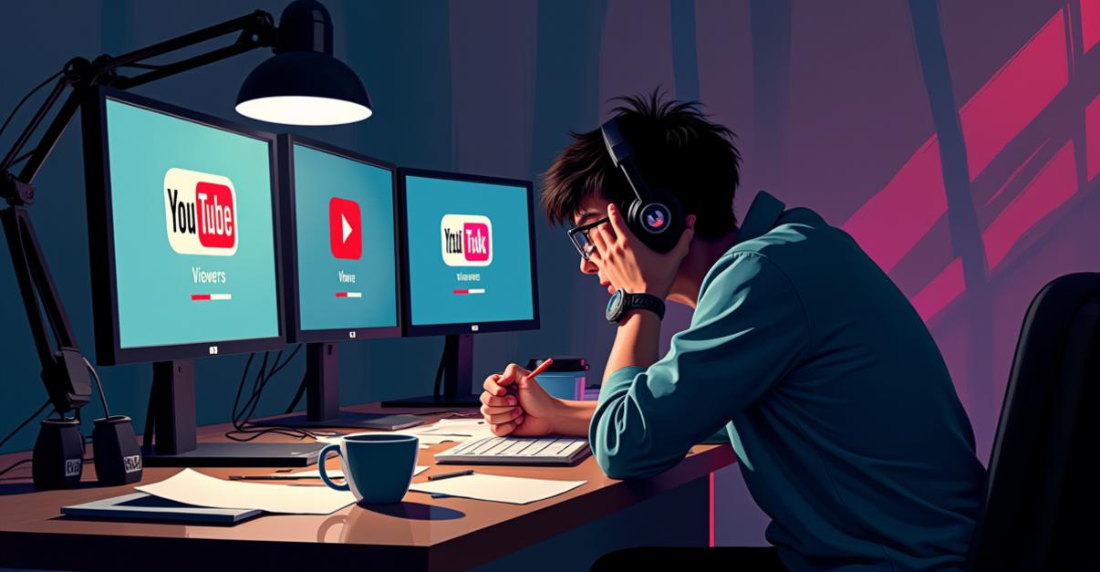 an image of A frustrated streamer leans over a cluttered desk with three monitors showing low viewer counts on YouTube, TikTok, and Twitch. The lighting is dim with a singular desk lamp casting shadows, emphasizing the streamer's worried expression. The composition highlights the messy setup with empty coffee cups and scattered notes, creating a tense atmosphere that conveys the challenges of platform competition.