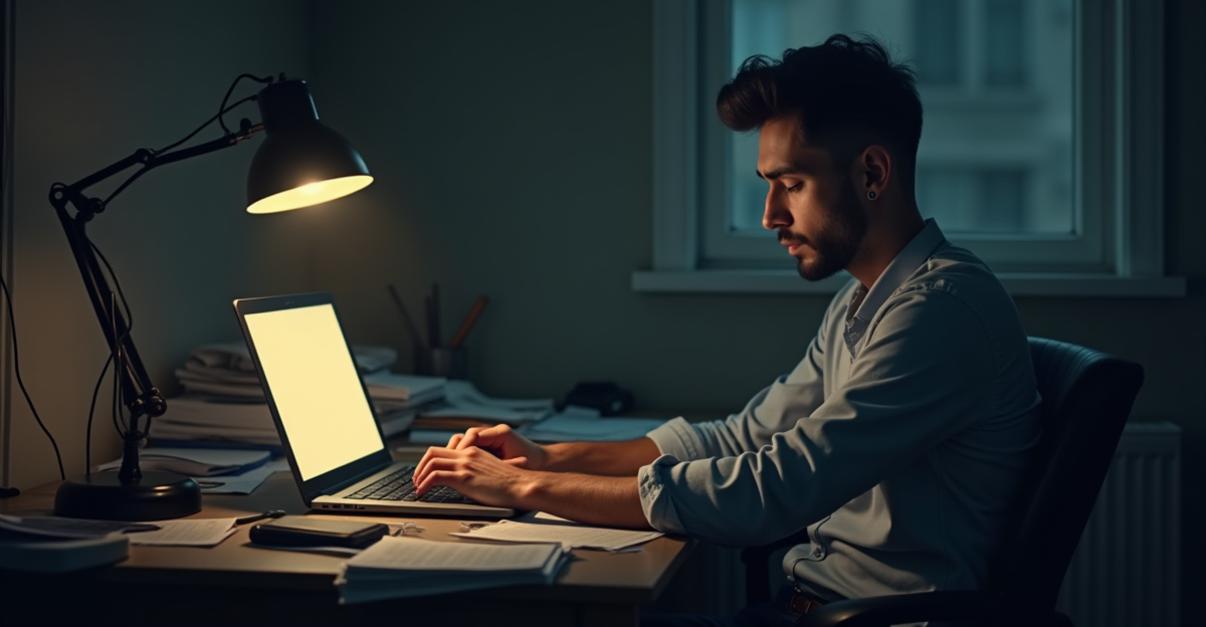 an image of A somber photorealistic image of a remote worker sitting at a cluttered home office desk, looking dejected at a layoff email on their laptop screen. The setting is a dimly lit room with soft, warm lighting from a desk lamp, casting shadows across the worker's face and scattered paperwork. The composition focuses on the worker's emotional expression and the cluttered surroundings, highlighting the stress and uncertainty of job loss.
