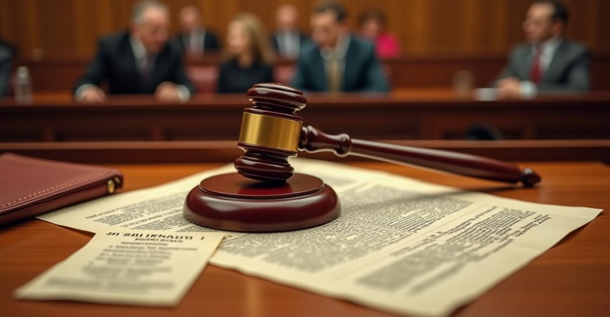 A judge's desk with a gavel, legal documents, and a penalty note