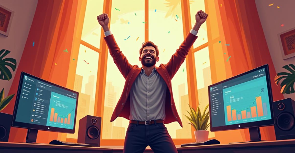 an image of A joyful streamer stands triumphantly in a vibrant, well-organized streaming room with a multi-platform setup. Natural light pours in through large windows, illuminating the tidy workspace with professional-grade equipment. The composition captures the streamer's celebratory pose, holding a tablet with streaming analytics showing growth across all platforms. The image is photorealistic, exuding success and happiness with subtle details like confetti and streamer decorations.