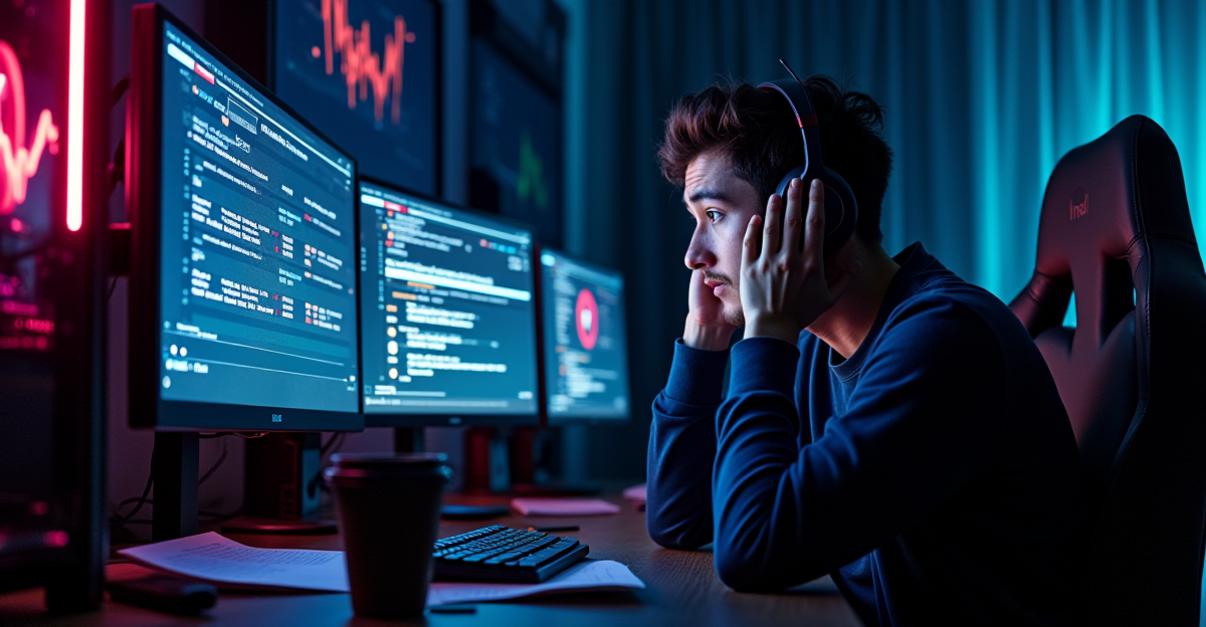 an image of A frustrated streamer sitting in a dimly lit room with multiple monitors showing performance metrics and error messages. The Intel Arc A770 GPU is visible through a tempered glass case, with bright RGB lighting casting a glow. The streamer's face is illuminated by the monitors, showing a mix of confusion and determination. On the desk, there are notes about CPU usage and stuttering issues, with a cup of coffee and a headset nearby. The lighting is intense, with shadows accentuating the streamer's focus on troubleshooting. The scene highlights the challenges of optimizing the GPU for a single-PC streaming setup.