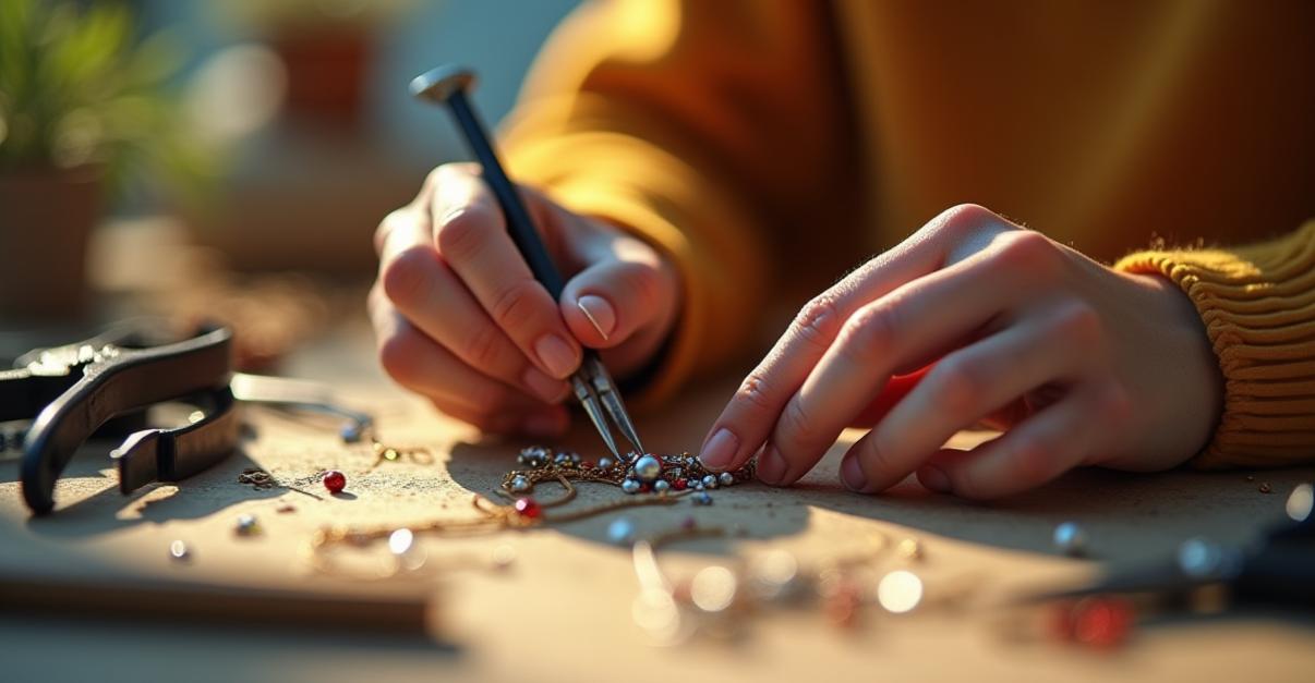 A close-up, studio-quality photograph of a VTuber's hands meticulously crafting a piece of jewelry in a brightly lit, modern workshop. The focus is sharp on the hands as they delicately manipulate small beads and wires, with tools like pliers and wire cutters subtly visible in the foreground. Warm, diffused light creates soft shadows and highlights on the materials, emphasizing their textures and colors. The composition uses a shallow depth of field to blur the background, drawing attention to the intricate detail of the jewelry-making process and the VTuber's hands, creating a sense of creativity and craftsmanship.