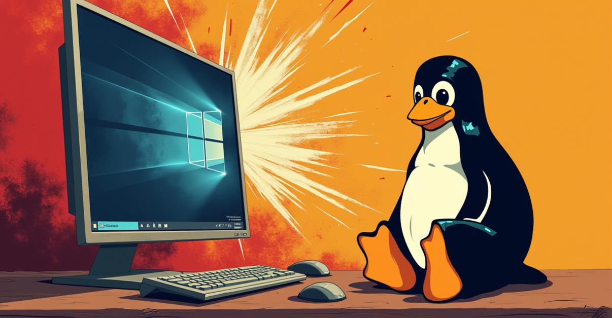 an image of a computer being switched from windows 7 to Linux operating system