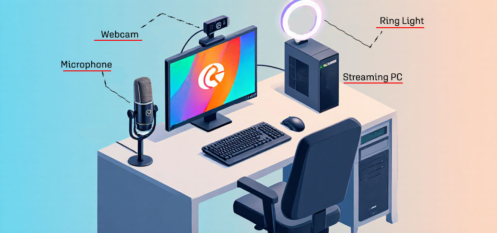 A picture of an essential streaming setup with a microphone, webcam, streaming pc and ring light