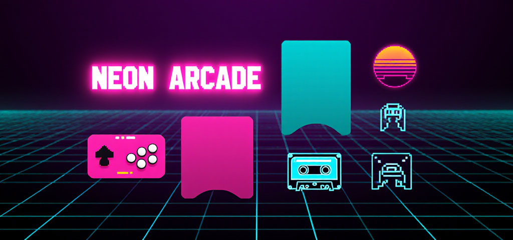 Brand kit for a retro neon Twitch theme, featuring bright pink and cyan colors and a pixelated font for an 80s arcade vibe.