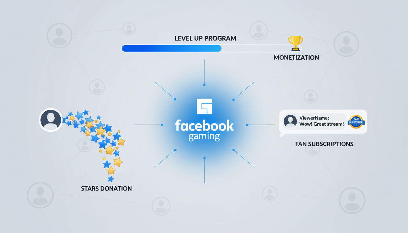 The Ultimate "Streamer Glossary": 69 Terms Every New Streamer Should Know 12 Digital art of the Facebook Gaming logo surrounded by icons representing Stars, Fan Subscriptions, and the Level Up Program.