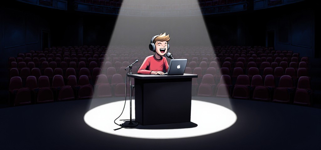 Streamer confidently performing for an empty audience, illustrating the concept of 'entertaining the void' for the VOD.