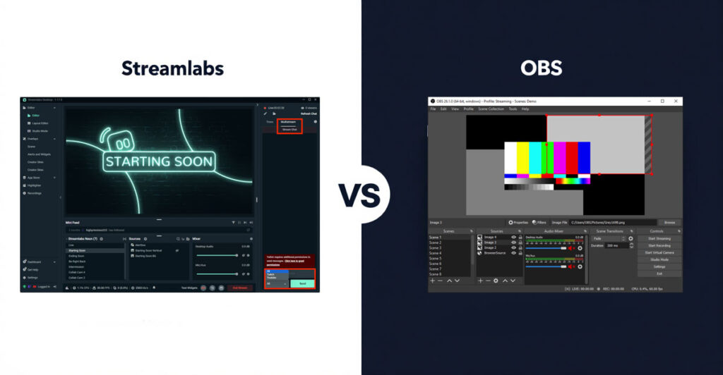 A side-by-side comparison of the Streamlabs and OBS user interfaces for streaming software.