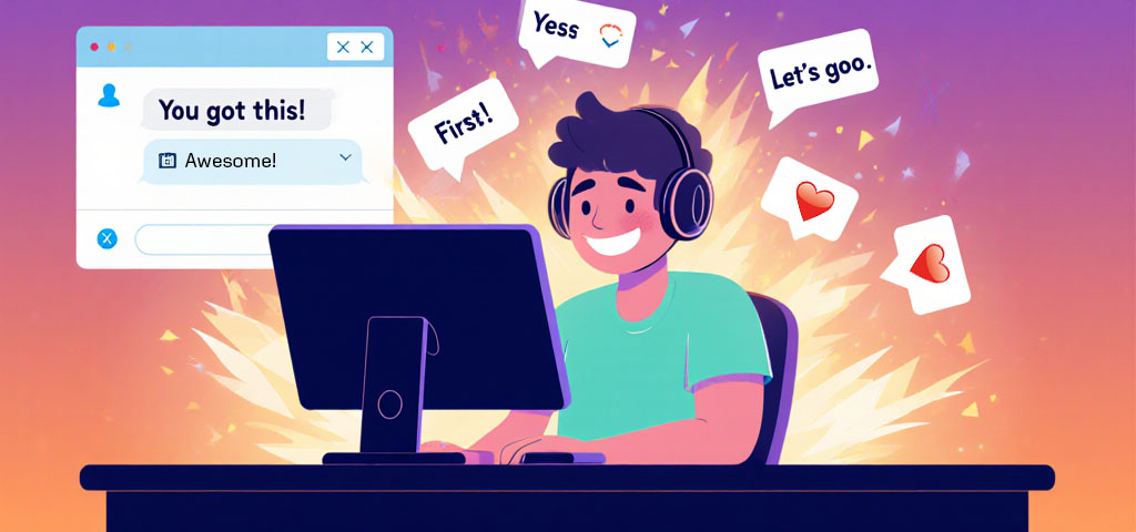 Illustration of a new streamer gaining confidence as supportive messages from friends appear in their Twitch chat.